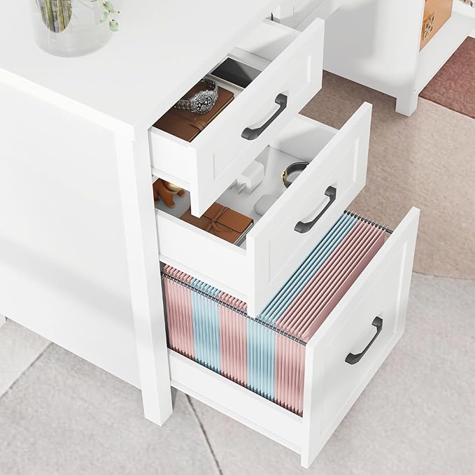 Farmhouse 61'' Executive Desk with 5 Drawers, Rustic Office Desk Computer Desk with Charging Station, File Drawers and Storage Cabinet, Wood Workstation for Study and Home Office,(Cream White.)