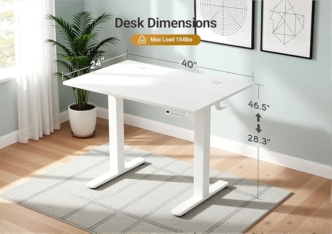 Seang Electric Height Adjustable Standing Desk, 40 x 24 Inch Sit-Stand Workstation with T-Style Frame, 3 Memory Height Options & Built-in Cable Management for Home Office, White Frame/White Top