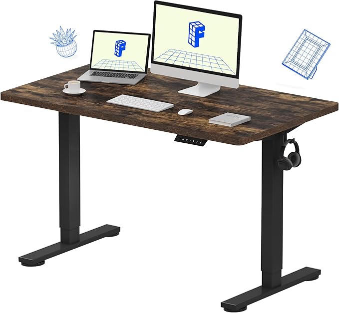 FLEXISPOT EN1 Whole-Piece Standing Desk, 48x24 Electric Sit Stand Desk for Home Office (Black Frame + Rustic Top, 2 Packages)