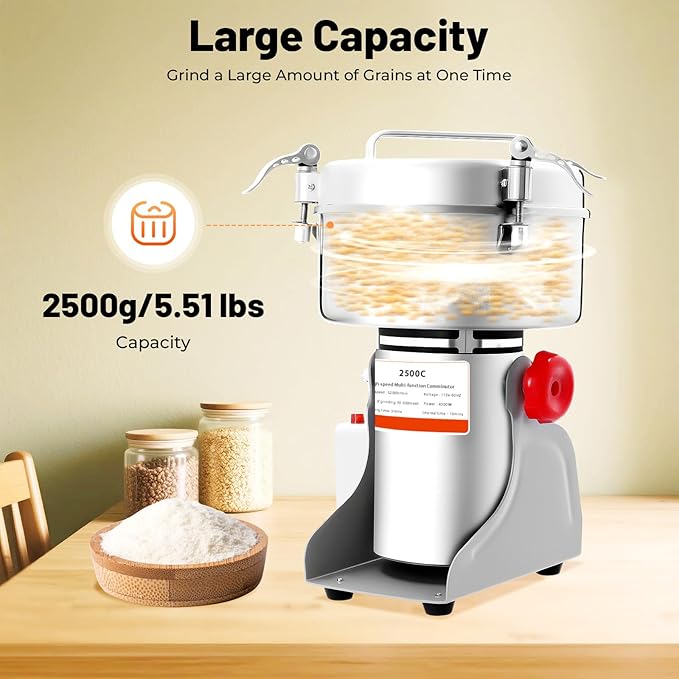 2500g Electric Grain Mill Grinder 4500W, High-Speed Commercial Spice Grinder 32000 RPM 304 Stainless Steel, 50-300 Mesh Adjustable for Grains, Herbs, Spices, and More