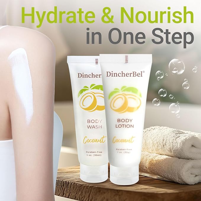 DincherBel Travel Size Body Wash and Body Lotion - Bulk Hotel Toiletries Supplies for Guests - Refreshing Tropical Coconut Scent Shower Gel and Body Cream for Men & Women (1 Fl Oz, 100 Pack)