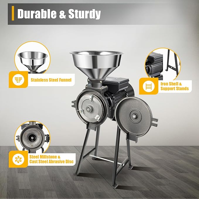 1500W Electric Grain Mill Grinder, 110V Commercial Dry Grinder for Rice Corn Spices, 70kg/h Stainless Steel Grinding Machine with Adjustable Fineness, for Restaurant Lab Supermarket Home Use
