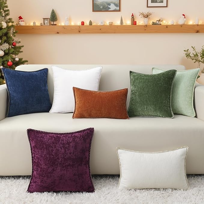 decorUhome Christmas Chenille Soft Throw Pillow Covers 22x22 Set of 2, Farmhouse Velvet Neutral Decorative Euro Fall Pillow Covers with Stitched Edge for Couch Sofa Bed Home Decor, Forest Elf
