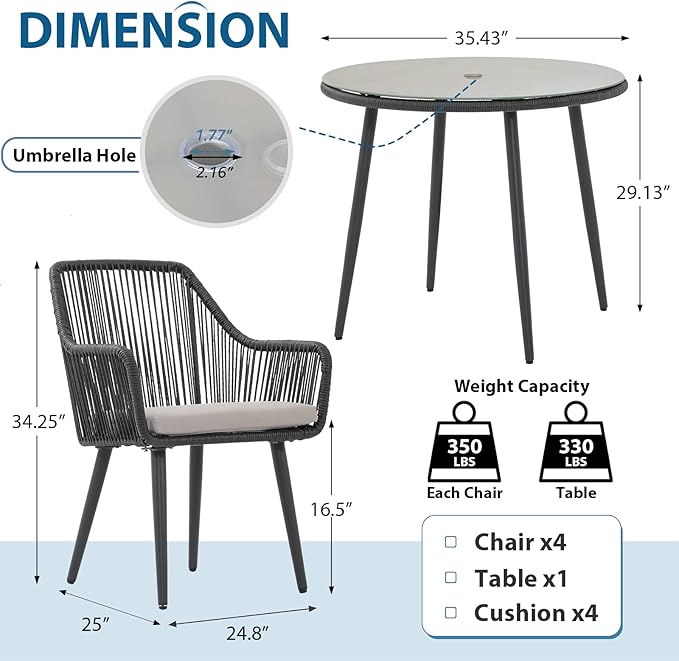 JOIVI 5 Piece Outdoor Dining Set, Wicker Patio Furniture Dining Chairs and Table Set with Cushions for 4 People, Tempered Glass Tabletop with 2.16” Umbrella Hole, for Lawn, Backyard, Garden, Black