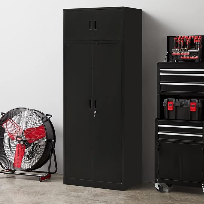 BESFUR Metal Storage Cabinet 87" H，Black Locking Storage Cabinets with Top Cabinet and 4 Adjustable Shelves for Home Office, Garage,School, Apartment, Warehouse, Utility Room