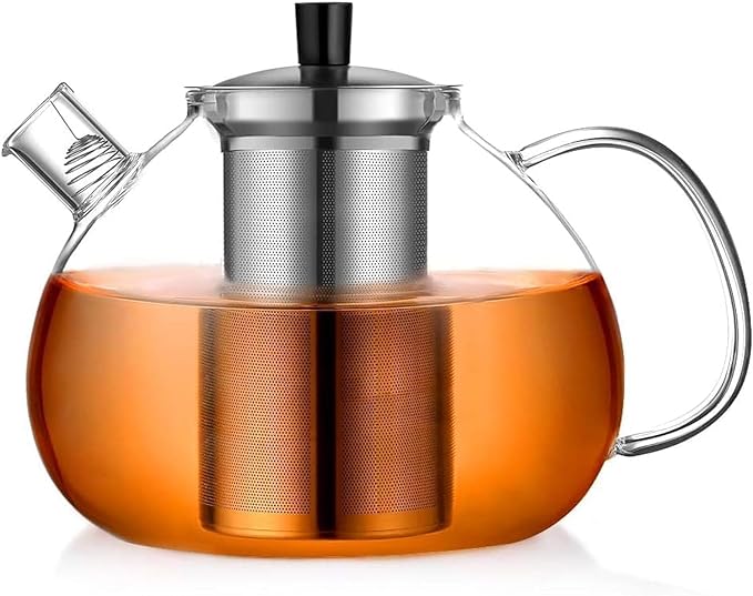 67oz XL Large Glass Teapot with Infuser Stovetop Safe, Tea Pots for Loose Tea Glass, Glass Tea Kettle for Stove Top, Clear Teapot with Strainer for Loose Tea (2000 ml)