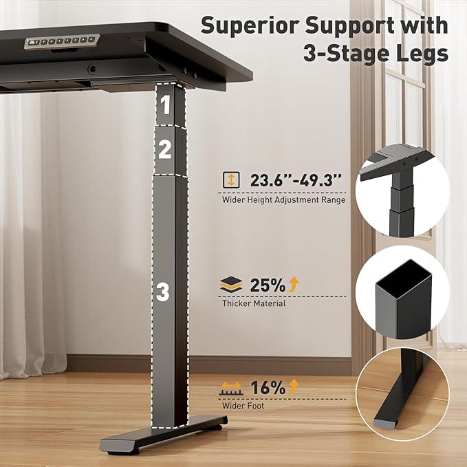 3 Stages Dual Motor Electric Standing Desk with One Piece Desktop, 48 x 24 Inch Adjustable Height Sit to Stand Up Desk for Home Office, Work & Study, White Frame & Black Desktop (2 Packages)