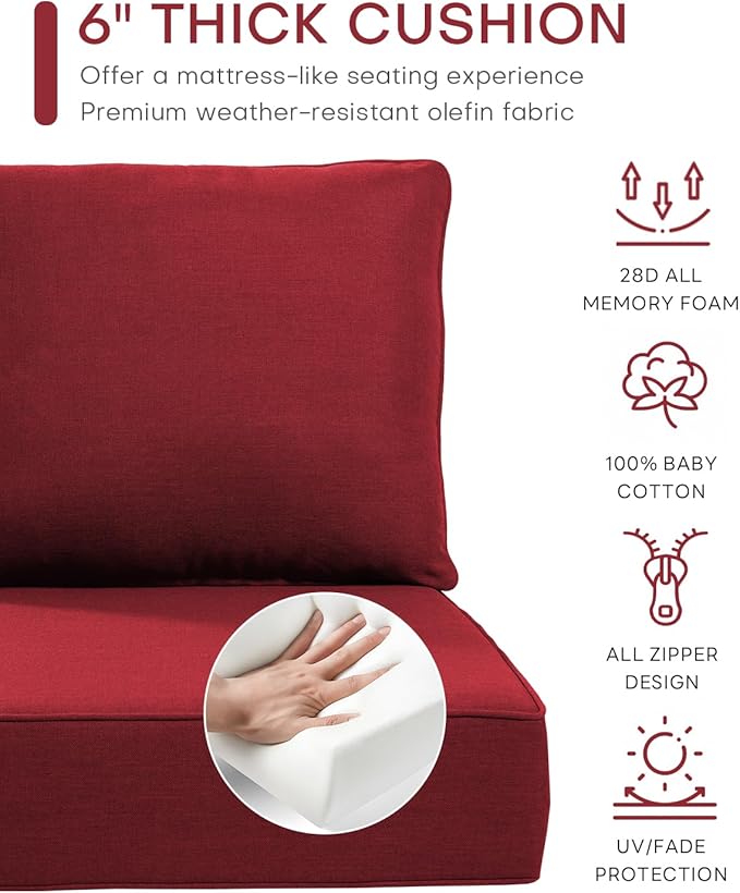 Luxury 24x24x6 Inch Outdoor Chair Cushions Set of 4 - Heavy Duty Water-Resistant Comfortable Cushion for Patio Furniture Set Dining Gliding Rocking Chairs Loveseat L-Shape Sofa - Red