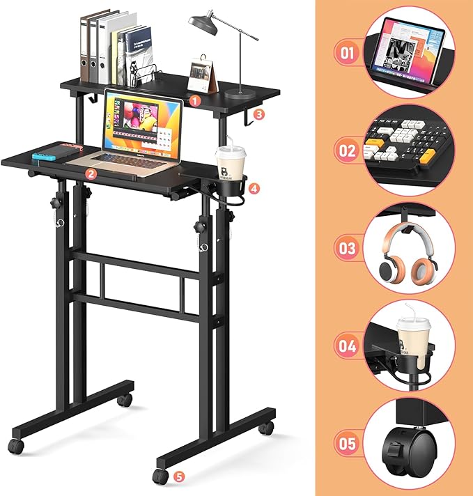 Small Standing Desk with Wheels, Tall Mobile Stand Up Table, Portable Standing Desk for Walking Pad, Rolling Table Adjustable Height, Rolling Computer Table for Tall Person