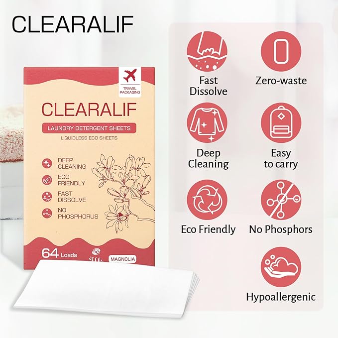 CLEARALIF Laundry Detergent Sheets, Magnolia, 64 Load, CLEARALIF Laundry Detergent Strips Eco Friendly & Hypoallergenic