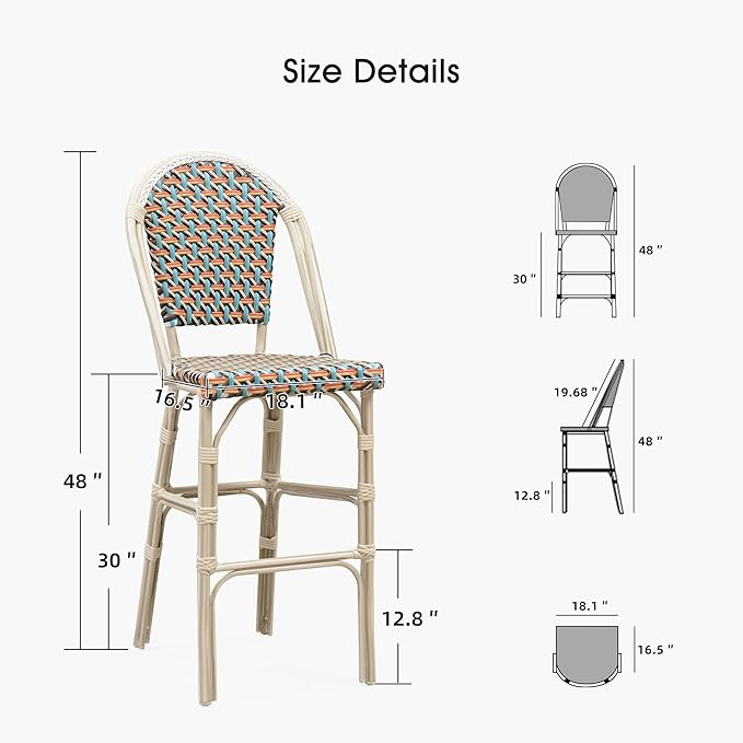 PURPLE LEAF French Bar Stool Set of 2 White Print Finish Patio Bar Stools with Back Rattan Chairs Wicker Bar Height Stool 30" with Footrest Kitchen Island Stools Outdoor Barstool Colorful