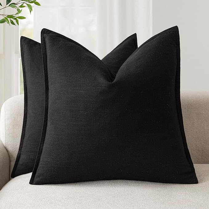Foindtower Pack of 2, Decorative Linen Soild Throw Pillow Covers Soft Accent Cushion Case Boho Farmhouse Neutral Pillowcase for Chair Couch Sofa Bedroom Living Room Home Decor 24 x 24 Inch Black