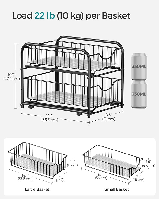SONGMICS 2-Tier Pull Out Cabinet Organizers, Under Sink Organizer, Bathroom Organizer and Storage, Sliding Basket Drawers, Stackable for Kitchen, Bathroom, Ink Black UKCS017B01