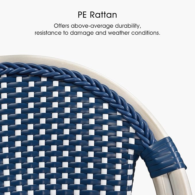 PURPLE LEAF French Bar Stool Set of 2 White Print Finish Patio Bar Stools with Back Rattan Chairs Wicker Bar Height Stool 30" with Footrest Kitchen Island Stools Outdoor Barstool Royal Blue