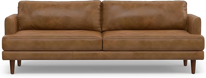 SIMPLIHOME Livingston 90-inch Wide Sofa in Caramel Brown Top Grain Genuine Leather, Handcrafted Mid-Century Modern Couch for Living Room, Large 3-Seater with Feather-Wrapped Cushions