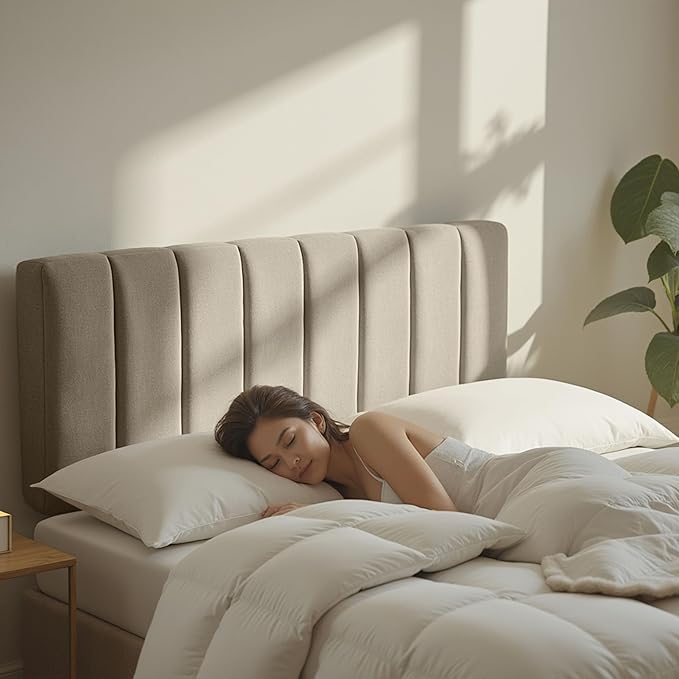 Upholstered Full Headboard - Easy Assemble Channel Stitched Headboard Full Size - Wall Mounted Headboards with 3D Soundproof Wall Panels Peel & Stick Floating Headboards, Linen