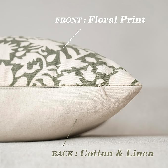 Foindtower Set of 2 Decorative Neutral Floral Throw Pillow Covers Accent Farmhouse Cushion Covers Boho Vintage Pillowcase for Couch Sofa Bedroom Living Room Home Decor,18×18 Inch,Sage Green