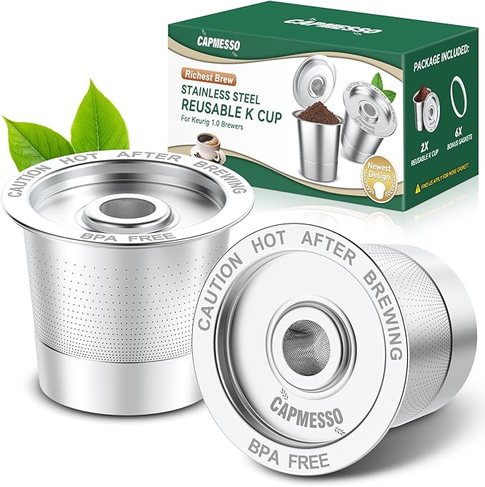 CAPMESSO Reusable K Cups Coffee Pods for Keurig 1.0: Stainless Steel Refillable K Cup - Reusable Coffee Filter for Keurig 1.0 Coffee Maker, Permanent, Eco-Friendly, Innovative Design(2 Pack)