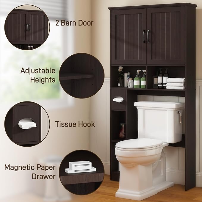 Vabches Over The Toilet Storage Cabinet, Farmhouse Storage Cabinet Over Toilet with Barn Door& Toilet Paper Holder Stand，Home Space-Saving Toilet Rack, for Bathroom, Restroom, Laundry.(Walnut)