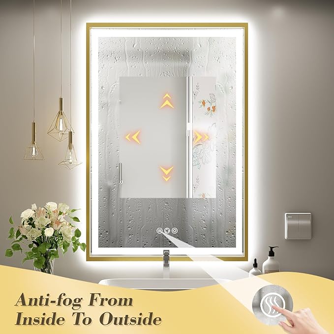 24X36 Inch Led Bathroom Mirror,Frontlit & Backlit Lighted Mirror,Gold Metal Frame Vanity Mirror for Wall,Double Lights Strips,Anti Fog Stepless 3 Colors Temperature & Dimmable