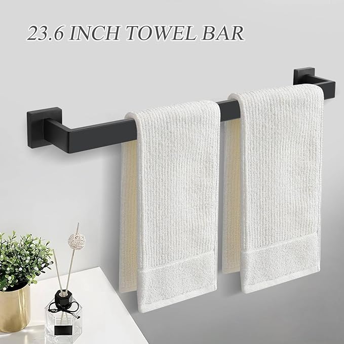 5 Pieces Black Towel Bar Set Bathroom Hardware Accessories Set Upgraded Toilet Paper Holder with Shelf Towel Holder Set for Bathroom Stainless Steel Wall Mounted