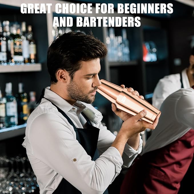 IOV Boston Cocktail Shaker Set, 18oz & 28oz Stainless Steel Weighted Shaker Tins, Metal Martini Drink Mixer for Bartending, Professional Bar Tools with Cocktail Recipe Guide, Rose Gold