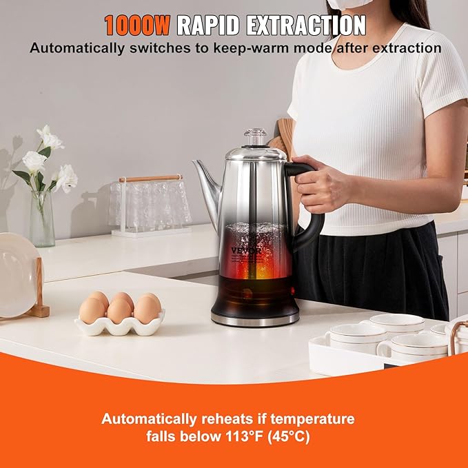 VEVOR 12-Cup Electric Percolator Coffee Pot, 304 Stainless Steel Body Coffee Percolator with Keep Warm Function & Heat-Resistant Handle, Classic Coffee Maker, Quick Brew & Easy-Pour Spout, Silver