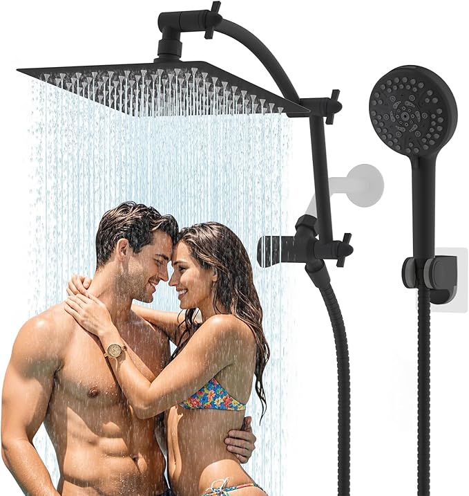 Hibbent All Metal Shower Head, 8'' High Pressure Rain Shower Head/Handheld Showerhead Combo with 16'' Adjustable Arc-shaped Extension Arm, 10 Sprays, 71'' Hose, Showerhead Holder, Matte Black