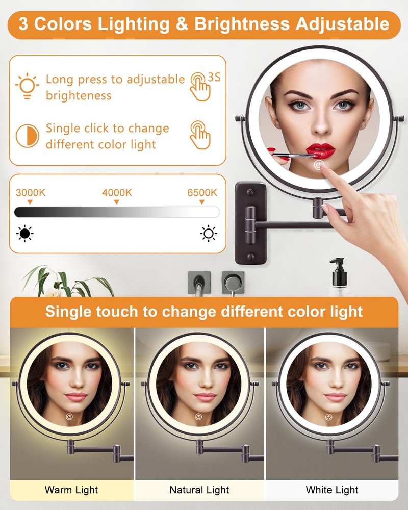 DECLUTTR 9 Inch Wall Mounted Lighted Makeup Mirror, Double-Sided Magnifying Mirror 1x/10x, 3 Colors Lighted Makeup Mirror, Touch Dimmable 360° Rotation Foldable Light Up Mirror, Bronze