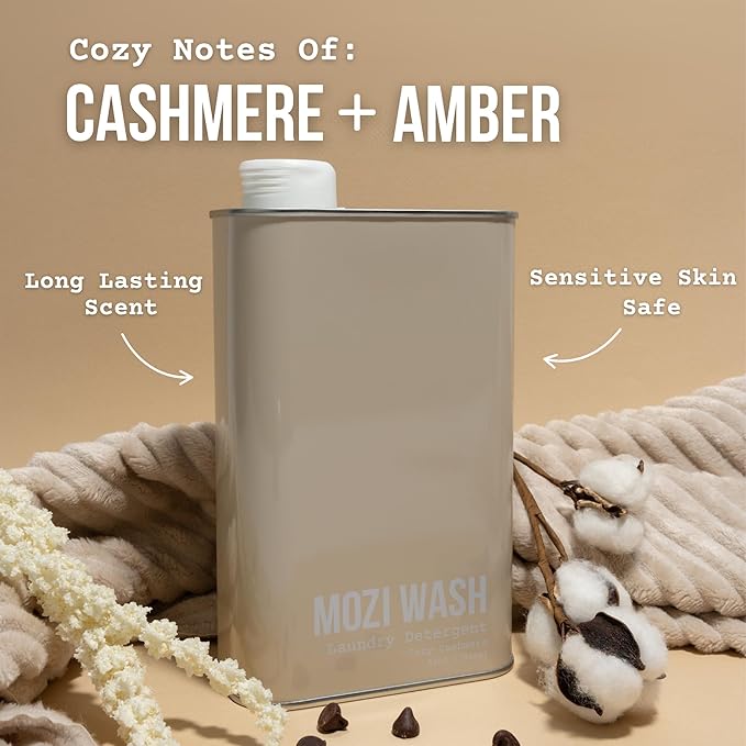 Mozi Wash Laundry Detergent Liquid, Cozy Cashmere- Amber & Floral, 50+ Loads, Concentrated, Non toxic, Plant Based Enzyme Cleaners, Long Lasting Luxury Clean, 32 oz Recyclable Bottle