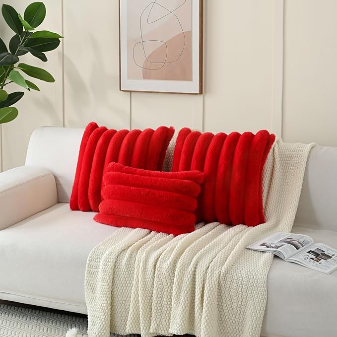 FUTEI Christmas Red Decorative Throw Pillow Covers 26x26 Inch Set of 2, Square Soft Faux Rabbit Fur Thick Striped Euro Pillow Shams,Winter Home Decor for Couch Bed Living Room