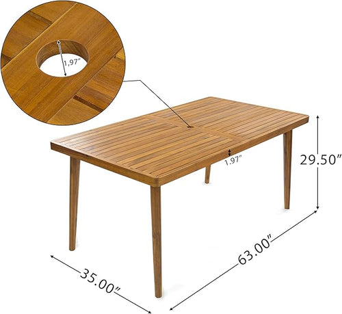 Christopher Knight Home Patio Rectangular Acacia Wood Dining Table with Umbrella Hole, Sturdy for Outdoor Dining, BBQ, Garden, Pair with Dining Chair/Bench, Teak Finish