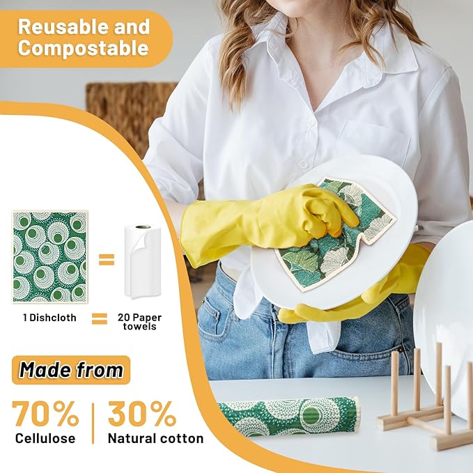 Lucomb 10 Pack Swedish Dishcloths for Kitchen, Reusable Cleaning Cloths Absorbent Non-Scratch Cellulose Sponge Cloths for Dishes Counters
