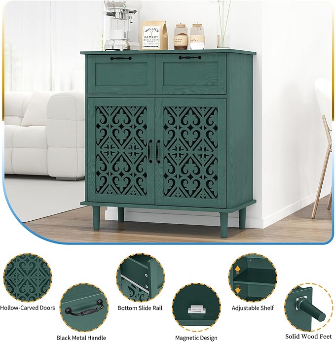 Kitchen Storage Cabinet with Drawers - Accent Cabinet with Carved Door, Floor Sideboard Buffet with Storage, Small Wood Credenza for Living Room, Dining Room, Entryway, Green