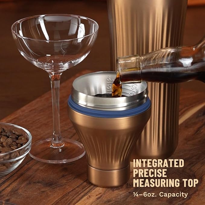 Elevated Craft Diamond Edition Hybrid Cocktail Shaker Set - Premium Vacuum Insulated Brushed Copper, 28 oz, Includes Built-In Strainer, Precise Measuring Top & XL Polishing Cloth - Martini Shaker