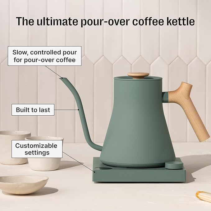 Fellow Stagg EKG Pro Electric Gooseneck Kettle - Pour-Over Coffee and Tea, Quick Heating, Precise Temperature Control, Scheduling, Built-in Brew Timer, Smoke Green with Maple Wood Handle, 0.9 Liter