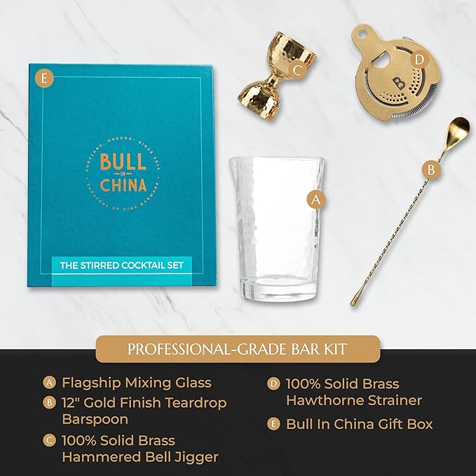 4 Piece Cocktail Kit by Bull In China - Premium Bartender Gift Set Includes Flagship Mixing Glass, 12 inch Barspoon, Bell Jigger & Hawthorne Strainer For Professional & Home Bars (Gold)