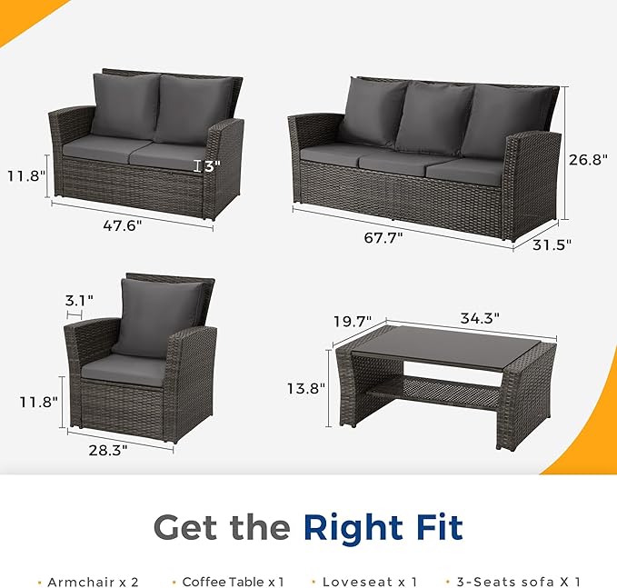 Wisteria Lane 5 Piece Patio Furniture Set, Wicker Outdoor Patio Conversation Furniture Set, All Weather Outdoor Patio Sofa with Cushion and Glass Table, Dark Grey