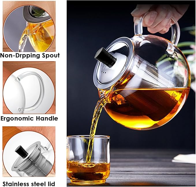 TMOST Glass Teapot with Removable Infuser, Stovetop Safe Tea Kettle blooming Loose Leaf Tea pot (43oz/1300ml)