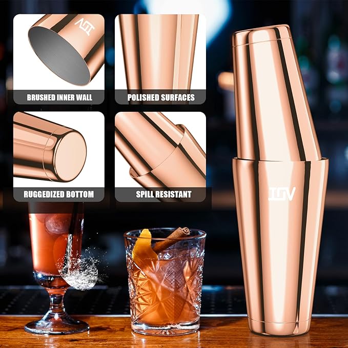 IOV Boston Cocktail Shaker Set, 18oz & 28oz Stainless Steel Weighted Shaker Tins, Metal Martini Drink Mixer for Bartending, Professional Bar Tools with Cocktail Recipe Guide, Rose Gold