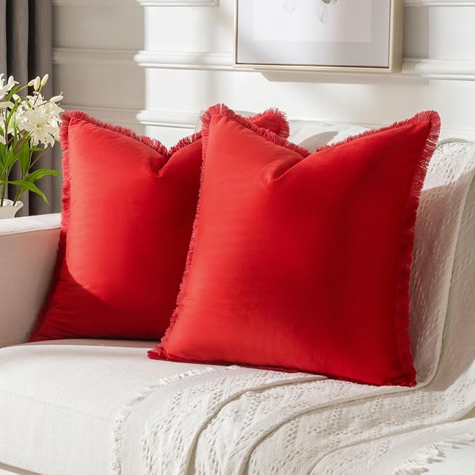 FUTEI Christmas Red Velvet Decorative Throw Pillow Covers 24x24 Set of 2,Soft Cozy Edge with Tassels European Cushion Case,Boho Modern Home Decor for Couch Bed Living Room