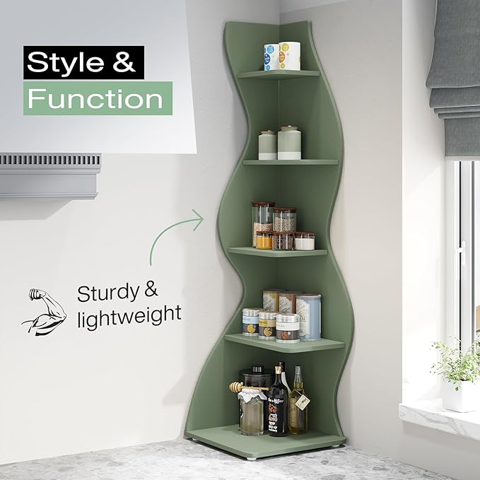 Tribesigns Corner Shelf, Modern 5-Tier Wall Corner Bookshelf, Stylish Corner Small Bookcase Storage Rack Plant Stand with Unique Shape for Living Room, Home Office (Sage Green, 1PC)