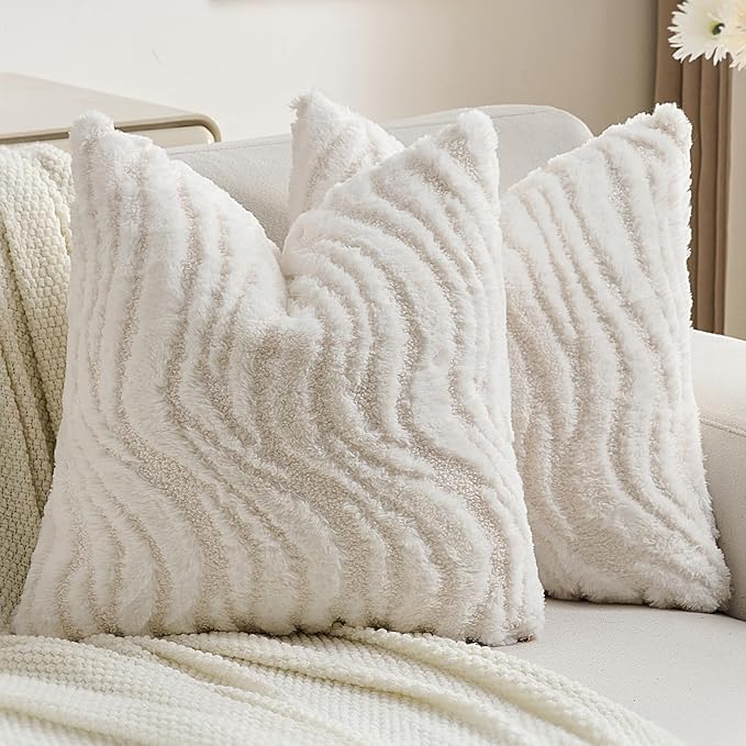 FUTEI White Decorative Throw Pillow Covers 20x20 Inch Set of 2,Soft Faux Fur Geometric Shapes Texture Cushion Case,Boho Home Decor for Couch Bed Living Room