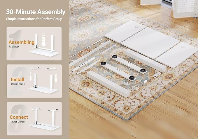 Seang Electric Height Adjustable Standing Desk, 40 x 24 Inch Sit-Stand Workstation with T-Style Frame, 3 Memory Height Options & Built-in Cable Management for Home Office, White Frame/White Top