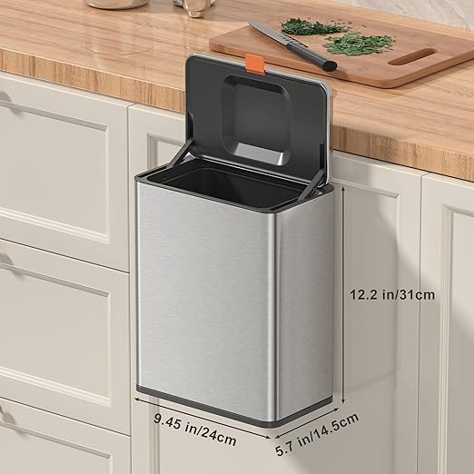 Mbillion Kitchen Compost Bin Hanging Trash Can with Lid 2.1 Gallon Stainless Steel Garbage Can for Kitchen Cabinet Door Mounted Trash Can Under Sink Door RV Bathroom,Silver