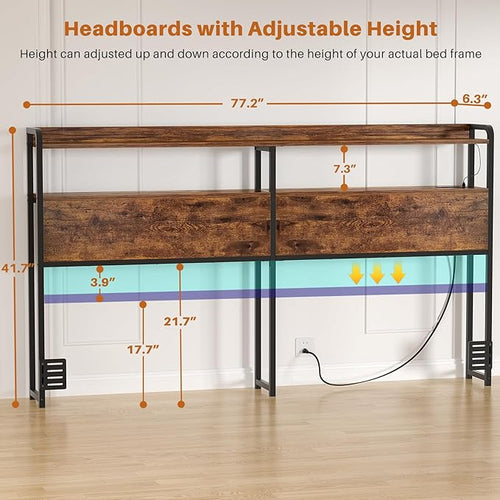 Aheaplus Headboard for King Size Bed Frame, Headboards with Outlets, USB Ports and LED Light, Head Board with Storage, Height Adjustable, Sturdy and Stable Headboard, King Size, Rustic Brown
