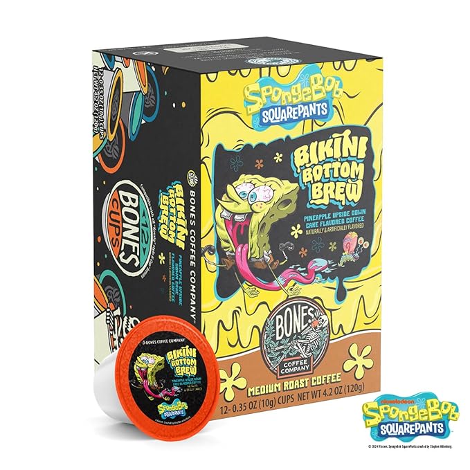Bones Coffee Company Spongebob Bikini Bottom Brew, Pineapple Upside Down Cake Flavored Coffee Pods, Low Acid Medium Roast Single-Serve Bones Cups, For 1.0 & 2.0 Capsule Brewers Coffee Maker, 12 Count
