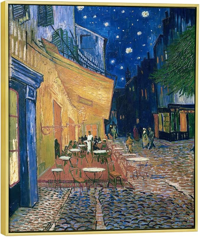 Wieco Art Framed Wall Art Canvas Prints of Cafe Terrace at Night Canvas Prints Wall Art by Van Gogh Paintings Reproduction Abstract Artwork for Wall Decor Golden Frame