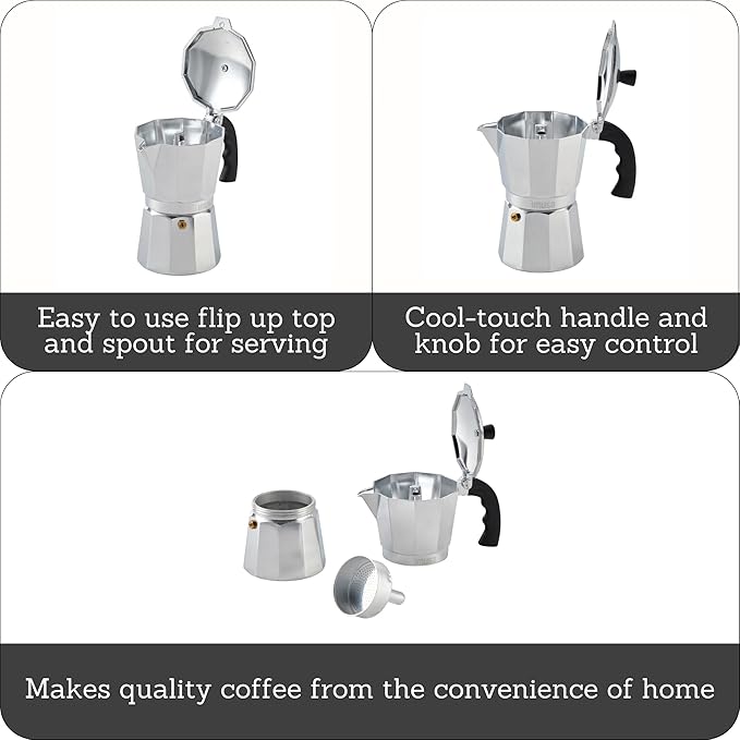 Imusa USA Aluminum Stovetop 6-cup Espresso Maker (B120-43V), Silver
