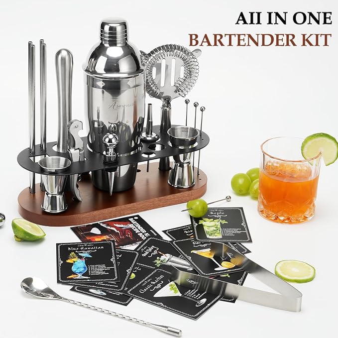 Cocktail Shaker Set Bartender Kit with Stand | 23-Piece Bar Set Drink Mixer Set with All Essential Bar Tools: Martini Shaker, Jigger, Strainer, Spoon, Muddler, Pourers, for Home, Bar, Party